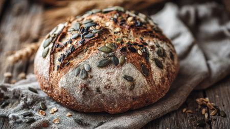 Artisan bread topped with pumpkin seeds rests on a linen cloth, surrounded by oats and rustic decor, highlighting the warm and inviting kitchen atmosphere.の素材