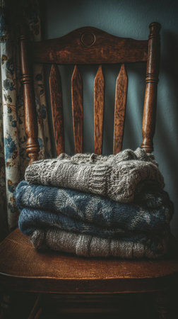 Neatly folded sweaters in various textures are stacked on a vintage wooden chair, with soft light illuminating the cozy setting in the afternoon.の素材