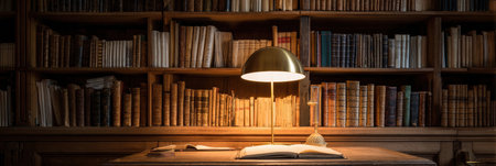 A warm, inviting workspace features a golden lamp illuminating an open book on a wooden table, surrounded by a rich collection of books in a library.の素材