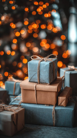 Multiple beautifully wrapped holiday gifts in various sizes are stacked together in front of a softly glowing Christmas tree adorned with lights.の素材