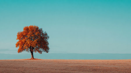 A striking orange tree with vibrant leaves stands solitary in an expansive field, bathed in the gentle light of a clear morning, showing casing autumnal beauty.の素材
