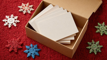A collection of blank craft cards rests in a brown box while colorful snowflake decorations are arranged around them on a red textured surface.の素材