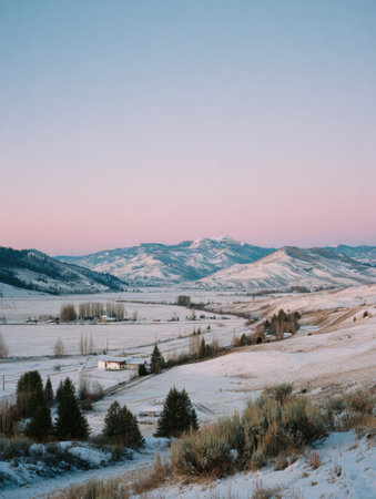 A peaceful snowy landscape at dusk shows rolling hills, scattered trees, and a small structure surrounded by untouched snow beneath a soft pink sky.の素材