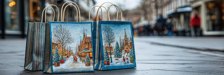 Shopping bags with festive designs rest on the ground in a lively urban area during winter, with people and decorated storefronts in the background.の素材