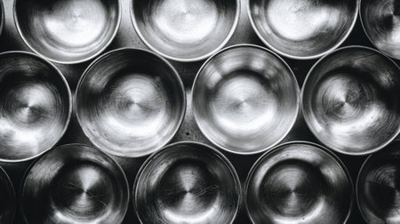 A collection of shiny metal bowls is neatly arranged on a textured surface, showcasing reflections and a smooth finish in soft lighting.の素材