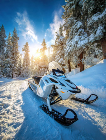 A snowmobile rests on a snow-covered path, surrounded by towering evergreen trees as the sun sets, casting a golden light through the frosty landscape.の素材
