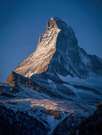 Matterhorn Peak rises dramatically against the clear blue sky at dawn, showcasing its snow-dusted summit and rocky slopes in the Swiss Alps.の素材