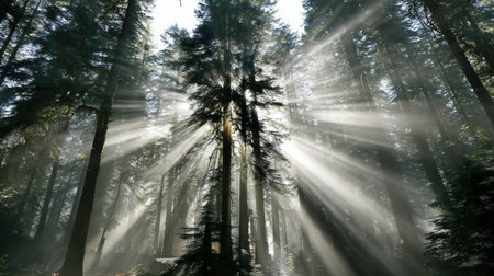 Bright sunlight streams through towering trees in a lush forest, illuminating the fog and creating an enchanting display of light and shadow at dawn.の素材