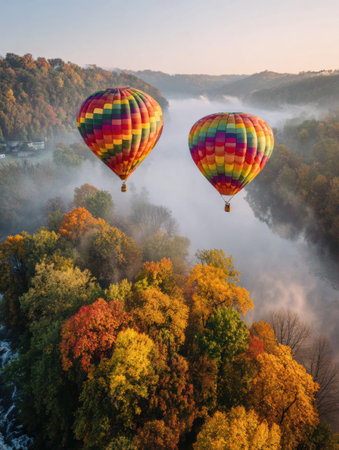 Two vibrant hot air balloons drift above a mist-covered river, surrounded by stunning fall foliage at sunrise, creating a picturesque autumn scene.の素材