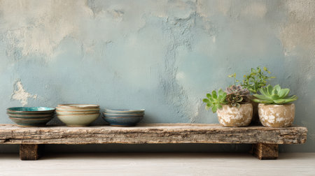A wooden shelf holds a collection of ceramic bowls accompanied by potted succulent plants against a softly colored background in a stylish interior.の素材