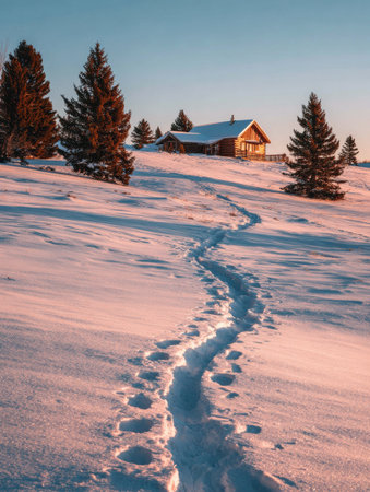 Footprints trail through fresh snow, leading up to a rustic cabin surrounded by evergreen trees, illuminated by the warm colors of a sunset.の素材
