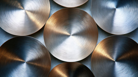 Polished metallic plates with unique textures arranged attractively on a simple background, highlighting their reflective qualities.の素材