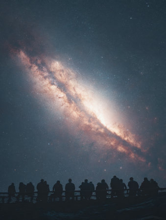 Groups of individuals gather at a lookout point, enjoying the breathtaking view of a distant galaxy illuminated against the night sky, filled with stars.の素材