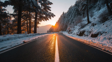 Road stretches through a snowy landscape as the sun sets behind the mountains, casting warm light on the trees and pathway.の素材