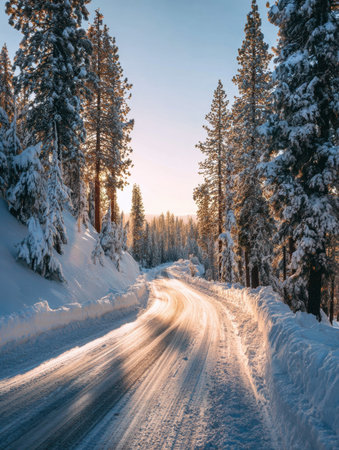 A winding road covered in snow stretches through towering conifer trees, illuminated by the soft glow of the setting sun in a serene winter setting.の素材