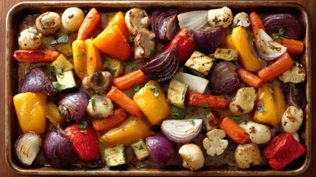 Roasted vegetables including carrots, zucchini, bell peppers, and onions showcase vibrant colors, ready for serving at a family meal or gathering.の素材