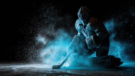 A goalie in protective gear is diving to make a save as blue mist swirls around from the impact of the puck during an intense ice hockey game.の素材