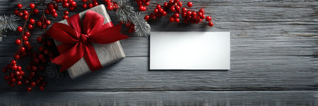 A beautifully wrapped gift box adorned with a red ribbon is placed next to vibrant seasonal berries on a rustic wooden tabletop, showingcasing holiday decor.の素材