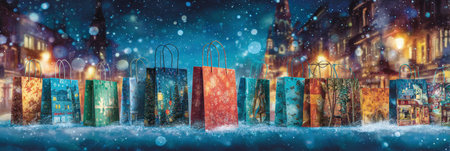 Colorful shopping bags stand amidst falling snow on a charming city street, illuminated by warm lights, creating a festive winter atmosphere.の素材
