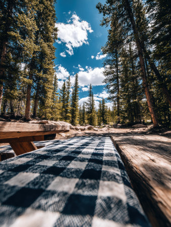 A picnic table with a checkered tablecloth sits in a serene forest clearing, surrounded by tall trees under a bright blue sky with fluffy clouds.の素材