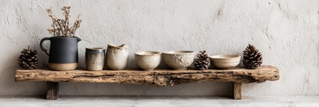 Shelves showcase unique handmade ceramic pieces alongside pinecones and dried flowers, creating a calm and stylish atmosphere in a neutral-toned space.の素材
