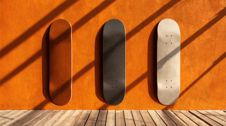 Three skateboard decks in earthy tones stand out against an orange wall, illuminated by sunlight creating interesting shadow patterns on the wooden floor.の素材