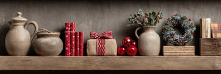 A wooden shelf displays holiday decorations including rustic pottery, wrapped gifts, a festive wreath, and red ornaments, creating a warm atmosphere.の素材