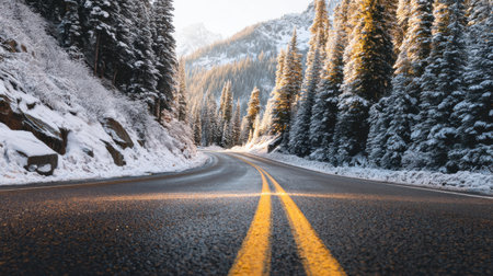 A picturesque road winds through a snow-covered landscape, bordered by tall evergreen trees and mountains, bathed in soft winter light.の素材