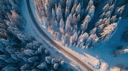A winding road cuts through a dense snow-covered forest, surrounded by tall evergreen trees glistening under sunlight, showing winters beauty.の素材