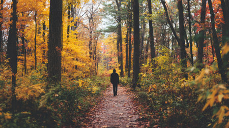 A person strolls down a narrow trail surrounded by colorful autumn trees, capturing the tranquil essence of natures seasonal beauty.の素材