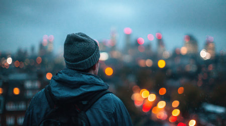 Individual stands on a rooftop, gazing at a vibrant city skyline illuminated by colorful lights in rainy conditions during nighttime.の素材