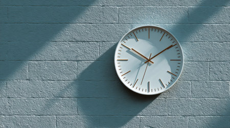 A round wall clock with minimalist design displays the current time in an aesthetically pleasing manner, illuminating the gray wall behind it with shadows.の素材