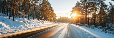 A serene road surrounded by snow-laden trees reflects warm sunlight during winters golden hour, creating a peaceful and picturesque atmosphere.の素材