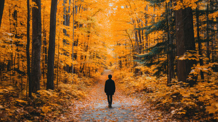 A person strolls along a tranquil surrounded trail by trees adorned with stunning golden autumn leaves, creating a peaceful atmosphere.の素材