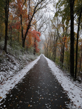 A peaceful pathway means through a forest showcasing autumn colors and the first snowfall, creating a serene atmosphere in nature.の素材