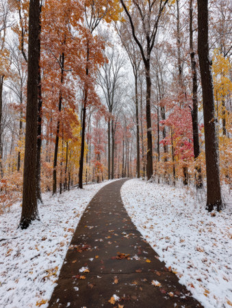 A winding pathway leads through a quiet forest, where vibrant autumn leaves contrast with fresh snow on the ground, creating a picturesque winter scene.の素材