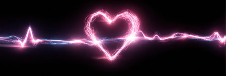 An abstract heart pulses with energy, accompanied by a dynamic graph reflecting a racing heartbeat and an expansive upper space filled with potential.の素材