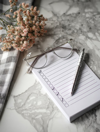 A notepad with checkboxes sits on a marble surface alongside glasses and a pen, symbolizing daily joys and mental reflections to enhance personal well-being.の素材