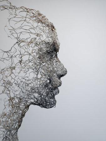 Chaotic, tangled lines form a brain shape on one side, contrasting with the smooth, clean profile of a figure on the other side.の素材