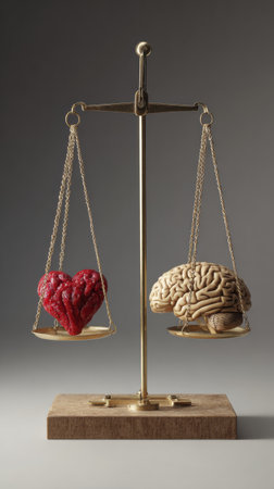 A balance scale showcases a vibrant heart on one side and a realistic brain on the other, symbolizing the tension between feelings and rational thought.の素材