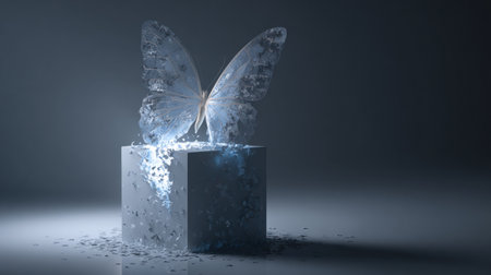 A delicate butterfly emerges from a glowing cube, symbolizing transformation and beauty in a ethereal atmosphere filled with soft light.の素材