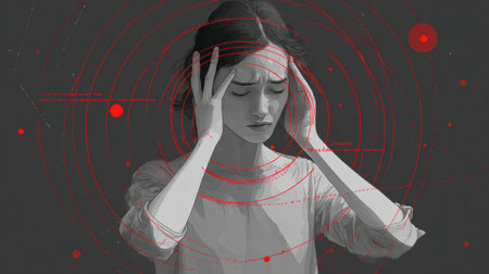 A digital artwork features a figure with hands on their head, surrounded by swirling patterns symbolizing anxiety symptoms. The background is soft and muted.の素材