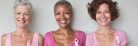 Women of different ages stand together in pink attire, promoting awareness and discussing the importance of breast cancer screening timelines.の素材