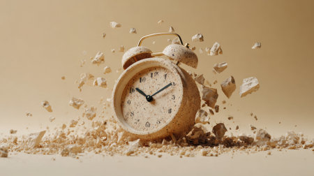 An alarm clock shatters into fragments, representing anxiety, as scattered pieces fly in a calming beige backdrop, capturing the essence of urgency.の素材