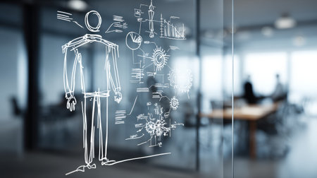 A detailed illustration of a clay 3D figure drawing business plan is displayed on glass in a contemporary office, showing innovative ideas and concepts.の素材