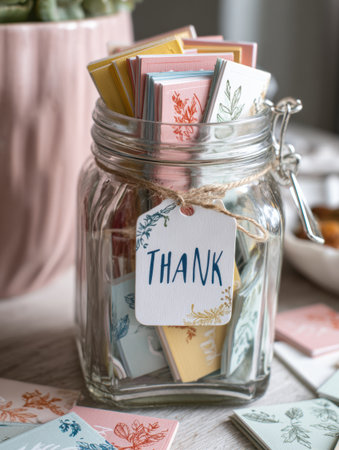 A decorative jar filled with colorful hand-drawn note cards displaying messages of thanks sits on a wooden table, surrounded by a cozy indoor setting.の素材