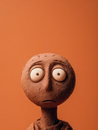 Crafted from clay, this character has wide eyes and an engaging expression, highlighting its unique personality against a simple, solid backdrop.の素材
