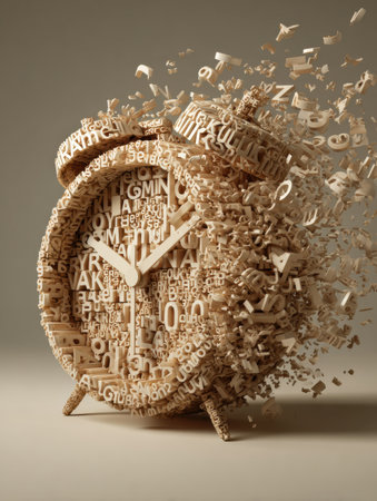 An alarm clock bursts apart into disintegrating words, conveying feelings of anxiety and urgency against a soft beige backdrop, symbolizing stress.の素材