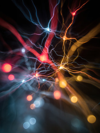 Dynamic motion effect showcases neural pathways responding to cognitive overload, revealing the vibrant interplay of colors and lights in a night setting.の素材