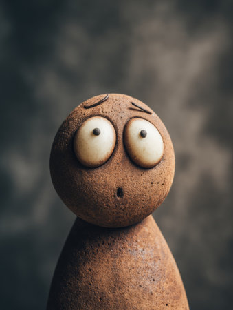 A clay character with large, expressive eyes looks surprised, showcasing its simple form against a blurred and minimal backdrop, evoking curiosity.の素材